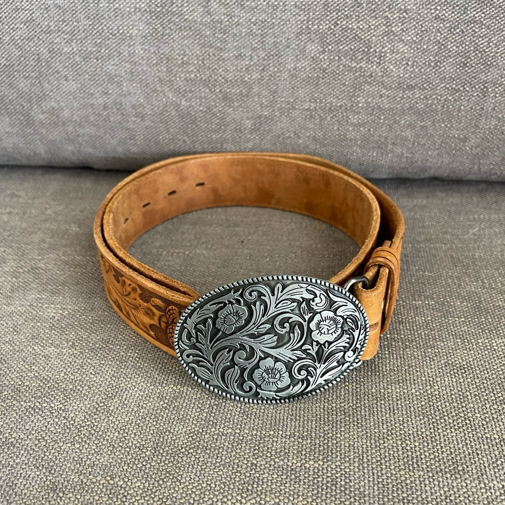 Floral Engraved Silver Buckle Tan Leather Belt
